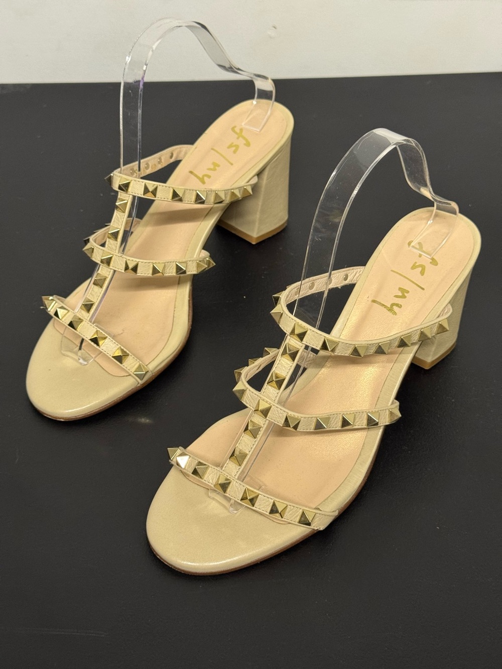 FS/NY Foster Beige Leather Studded Block Heel Sandals Gladiator Dress Shoes 10